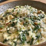 ['Close-up of creamy Spinat Gorgonzola Risotto with almond plums.', 'Side view of a delicious bowl of Spinat Gorgonzola Risotto garnished with almonds.', 'Juicy Spinat Gorgonzola Risotto featuring spinach and plums.', 'Lush Spinat Gorgonzola Risotto topped with sliced almonds and plums.']