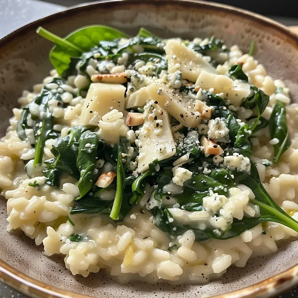 ['Close-up of creamy Spinat Gorgonzola Risotto with almond plums.', 'Side view of a delicious bowl of Spinat Gorgonzola Risotto garnished with almonds.', 'Juicy Spinat Gorgonzola Risotto featuring spinach and plums.', 'Lush Spinat Gorgonzola Risotto topped with sliced almonds and plums.']