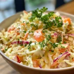 ['Close-up view of juicy Spitzkohl coleslaw with colorful ingredients.', 'Side view of vibrant Spitzkohl coleslaw showcasing fresh vegetables.', 'Detailed close-up of Spitzkohl coleslaw featuring shredded cabbage and carrots.', 'Tasty Spitzkohl coleslaw highlighted with a mix of apples, onions, and cream.']