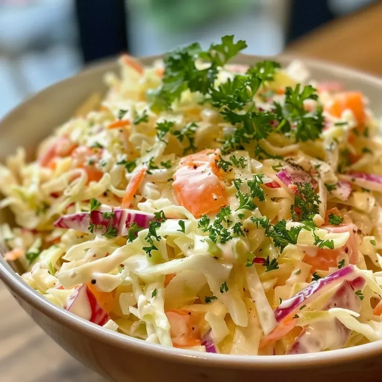 ['Close-up view of juicy Spitzkohl coleslaw with colorful ingredients.', 'Side view of vibrant Spitzkohl coleslaw showcasing fresh vegetables.', 'Detailed close-up of Spitzkohl coleslaw featuring shredded cabbage and carrots.', 'Tasty Spitzkohl coleslaw highlighted with a mix of apples, onions, and cream.']