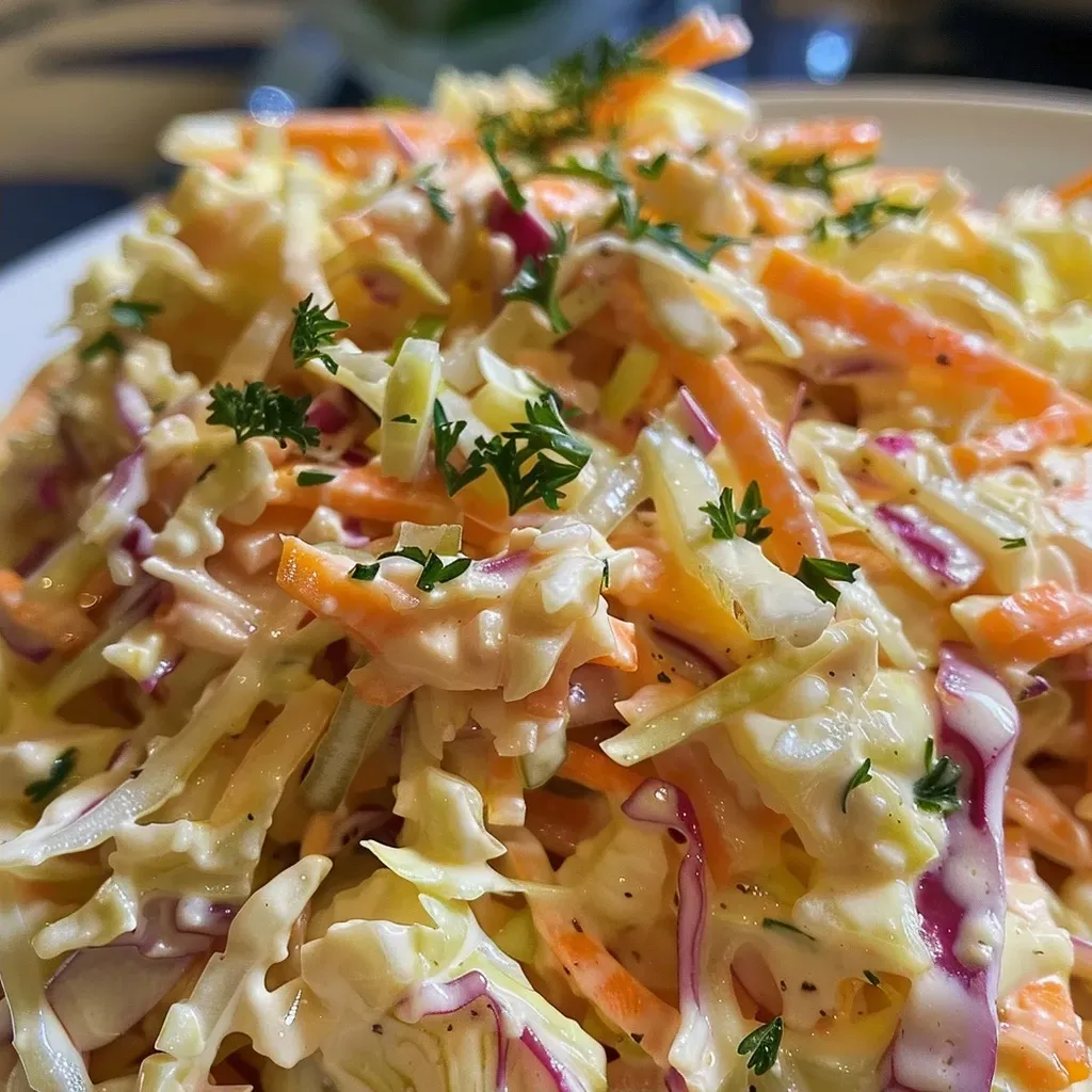 ['Close-up view of juicy Spitzkohl coleslaw with colorful ingredients.', 'Side view of vibrant Spitzkohl coleslaw showcasing fresh vegetables.', 'Detailed close-up of Spitzkohl coleslaw featuring shredded cabbage and carrots.', 'Tasty Spitzkohl coleslaw highlighted with a mix of apples, onions, and cream.']