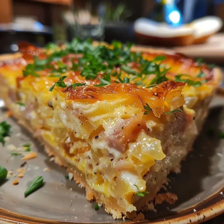 ['A close-up side view of a Spitzkohl quiche with Kabanos on a plate.', 'Juicy Spitzkohl quiche with pieces of Kabanos, captured from the side.', 'Side perspective of a freshly baked Spitzkohl quiche featuring Kabanos, served on a table.', 'Detailed view of a slice of Spitzkohl quiche with Kabanos, showing the filling and crust.']