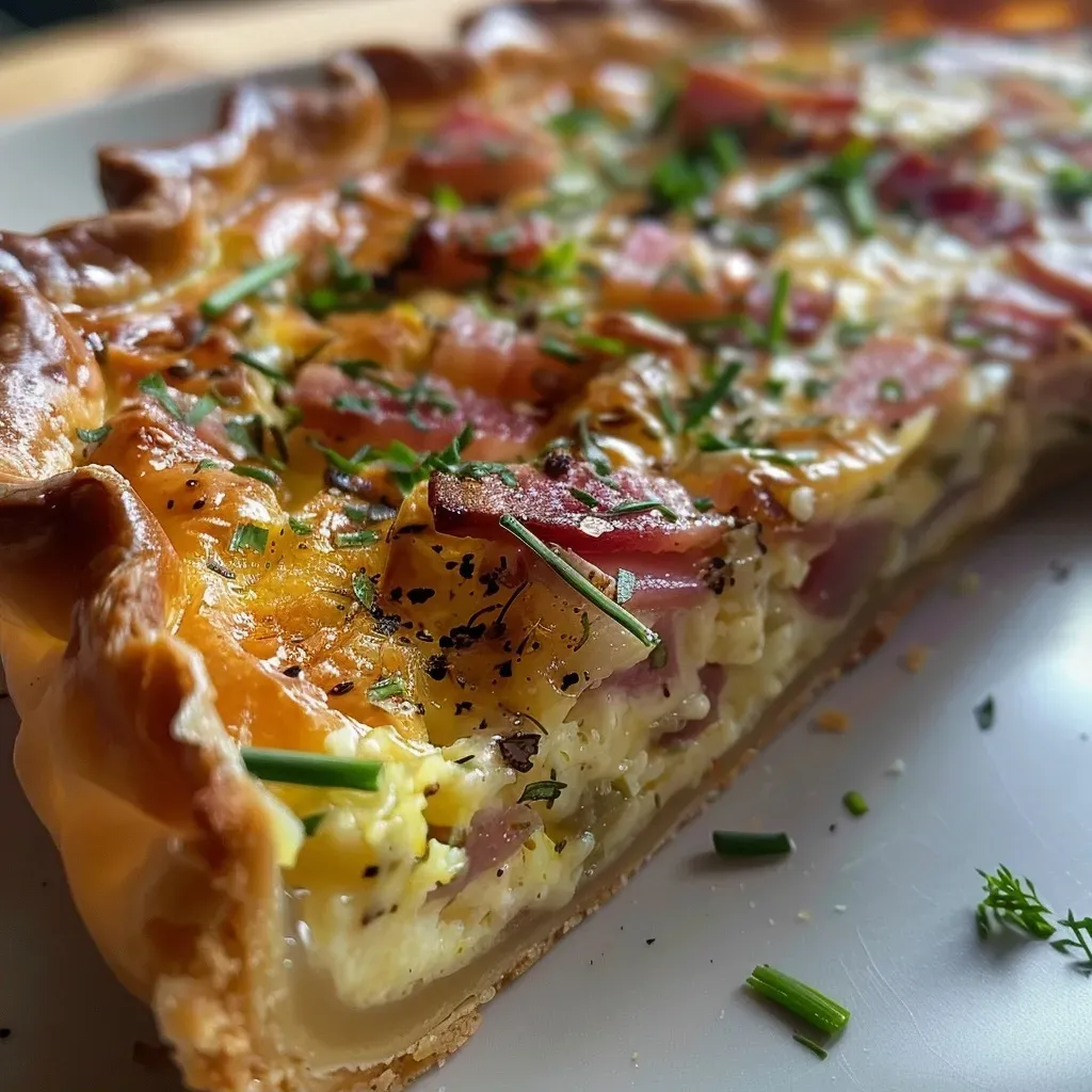 A close-up side view of a Spitzkohl quiche with Kabanos on a plate.