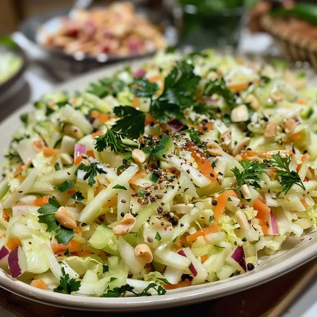 ['Close-up view of a fresh and vibrant Spitzkohlsalat with a rich dressing.', 'Side angle of a delicious Spitzkohlsalat, showcasing its crunchy texture and colorful ingredients.', 'Detailed shot of Spitzkohlsalat highlighting its crisp leaves and garnished with walnuts.', 'Close-up photo featuring a bowl of Spitzkohlsalat adorned with a light dressing and fresh herbs.']