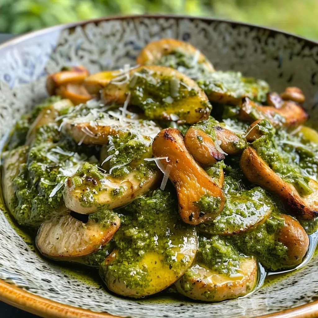 ['Close-up of a creamy Steinpilz pesto in a white bowl.', 'Side view of Steinpilz pesto with visible ingredients like mushrooms and herbs.', 'Juicy Steinpilz pesto captured in detail, showing its rich green color.', 'Detailed shot of Steinpilz pesto showcasing its texture and fresh ingredients.']