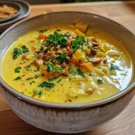 ['Creamy soup with walnuts and curry butter in a rustic bowl, topped with fresh parsley.', 'A side view of a rich walnut soup garnished with curry butter, served in a simple dish.', 'Close-up of a bowl of vibrant soup featuring chunks of vegetables and walnut pieces.', 'Warm, inviting soup with a glossy surface, showcasing the curry butter and walnut garnish.']