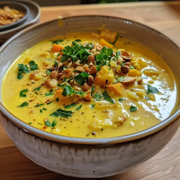 ['Creamy soup with walnuts and curry butter in a rustic bowl, topped with fresh parsley.', 'A side view of a rich walnut soup garnished with curry butter, served in a simple dish.', 'Close-up of a bowl of vibrant soup featuring chunks of vegetables and walnut pieces.', 'Warm, inviting soup with a glossy surface, showcasing the curry butter and walnut garnish.']