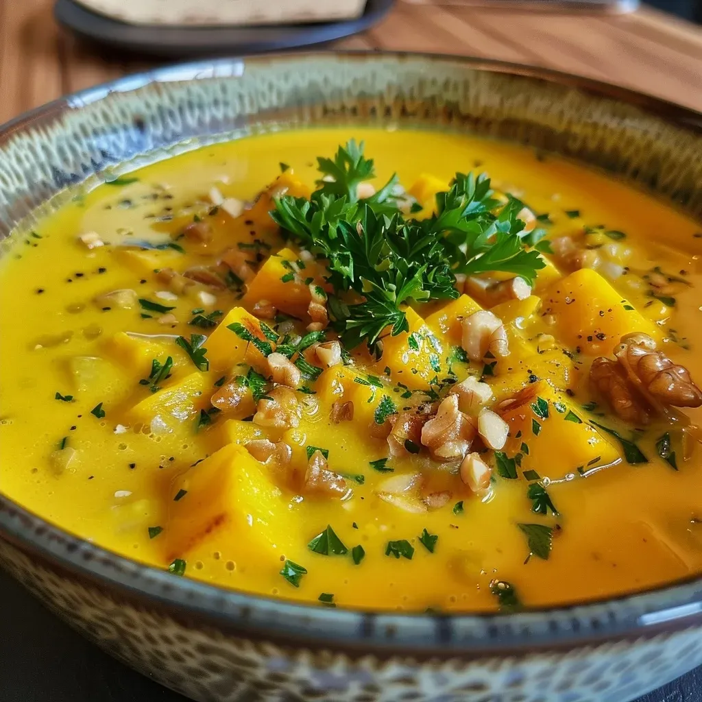 Creamy soup with walnuts and curry butter in a rustic bowl, topped with fresh parsley.