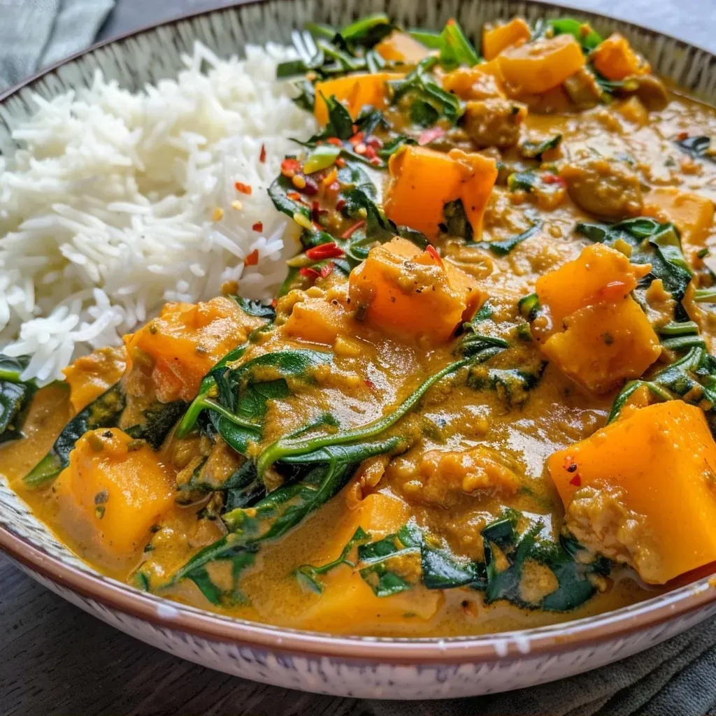 ['Close-up view of vibrant Süßkartoffel Curry with spinach, served in a bowl.', 'Side view of a delicious Süßkartoffel Curry with spinach, featuring bright colors.', 'A bowl of creamy Süßkartoffel Curry showcasing sweet potatoes and fresh spinach.', 'Juicy Süßkartoffel Curry with spinach and colorful ingredients displayed from the side.']