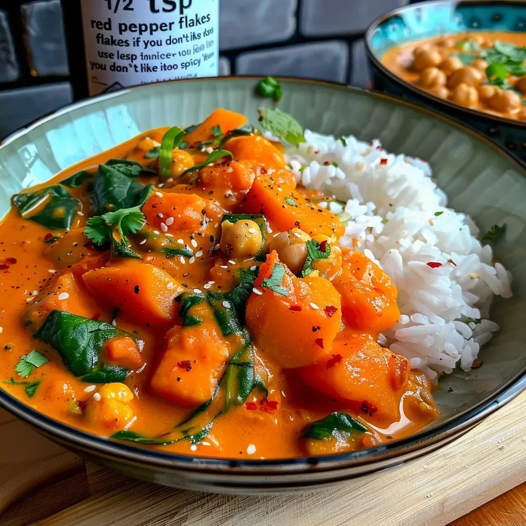 ['Close-up view of a bowl of vibrant sweet potato curry with fresh spinach and chickpeas.', 'Side view of a delicious sweet potato curry, showcasing chunks of sweet potatoes and herbs.', 'Juicy sweet potato curry with a creamy texture, accented by spices and green spinach.', 'Colorful plate of sweet potato curry, featuring garnished herbs and a rich sauce.']