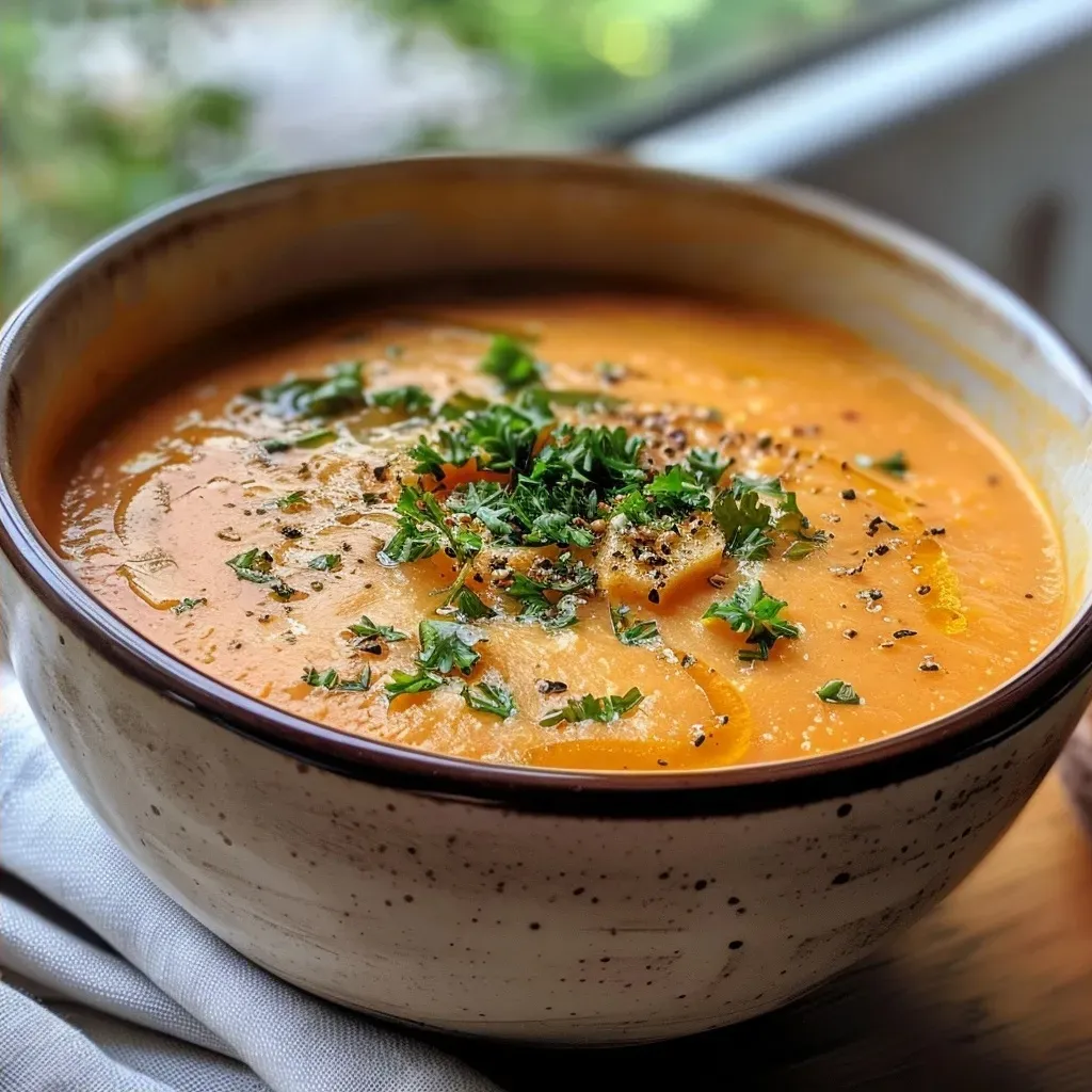 ['Bowl of sweet potato and quince soup garnished with speck and drizzled with paprika oil.', 'Close-up view of a creamy sweet potato and quince soup topped with dried plums and spices.', 'Rich orange soup featuring sweet potatoes and quinces, with crispy bacon and a hint of paprika oil.', 'Delicious Süßkartoffel-Quittensuppe with speckzwetschken and vibrant olive oil drizzle.']