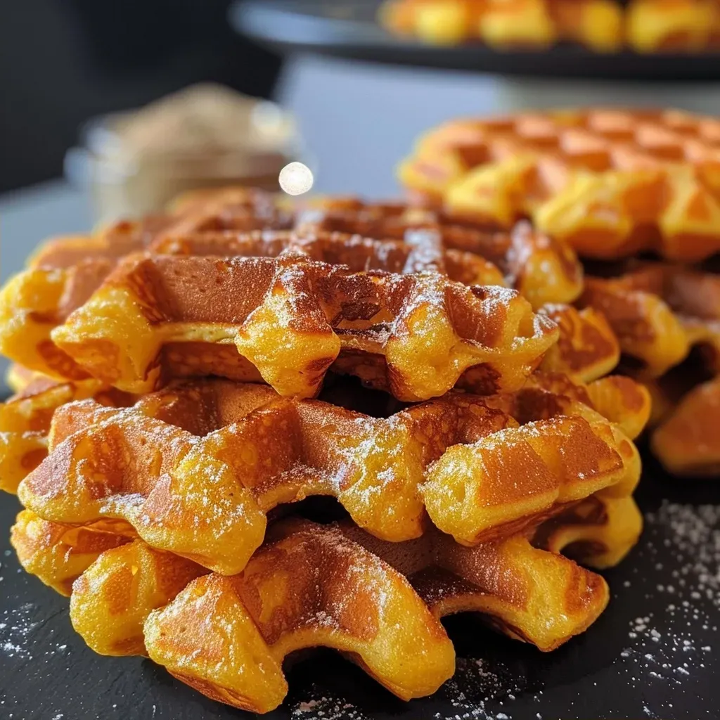 ['Close-up view of crispy Süßkartoffel Waffeln with a golden-brown texture.', 'Side view of Süßkartoffel Waffeln, showcasing their fluffy interior and crispy edges.', 'Juicy Süßkartoffel Waffeln arranged on a plate, highlighting their vibrant orange color.', 'Delicious Süßkartoffel Waffeln with a hint of herbs, served with a light garnish.']