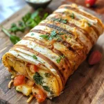 ['Close-up view of a juicy Süßkartoffel-Wrap filled with vibrant ingredients.', 'Side angle of a delicious Süßkartoffel-Wrap showcasing its colorful filling.', 'Detailed shot of a Süßkartoffel-Wrap highlighting the textures of sweet potato and greens.', 'Close-up image of a wrapped Süßkartoffel with visible layers of cheese and spinach.']