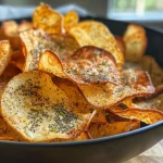 ['Close-up view of crispy Topinambur chips on a plate.', 'Side view of golden-brown Topinambur chips with seasonings.', 'Juicy Topinambur chips garnished with spices displayed on a wooden surface.', 'A collection of freshly made Topinambur chips ready to be served.']
