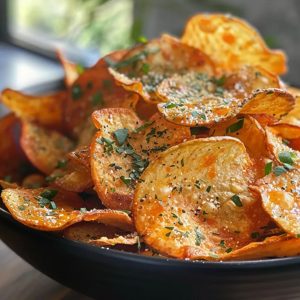 ['Close-up view of crispy Topinambur chips on a plate.', 'Side view of golden-brown Topinambur chips with seasonings.', 'Juicy Topinambur chips garnished with spices displayed on a wooden surface.', 'A collection of freshly made Topinambur chips ready to be served.']