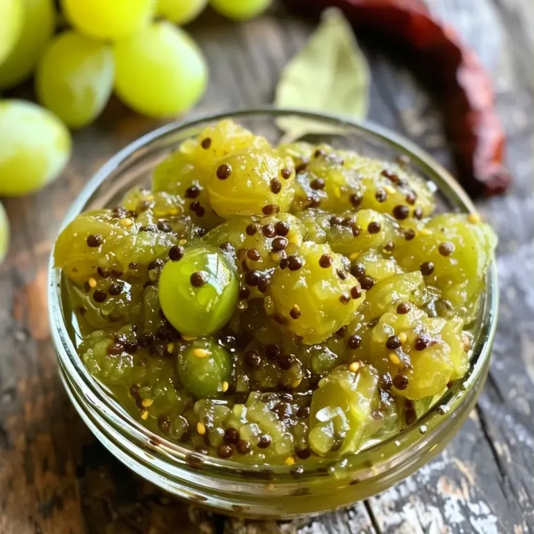 ['Close-up image of vibrant green grape chutney in a jar.', 'Side view of a glass container filled with glossy grape chutney.', 'A delicious serving of green grape chutney with spices visible.', 'Juicy green grape chutney displayed in a rustic jar.']