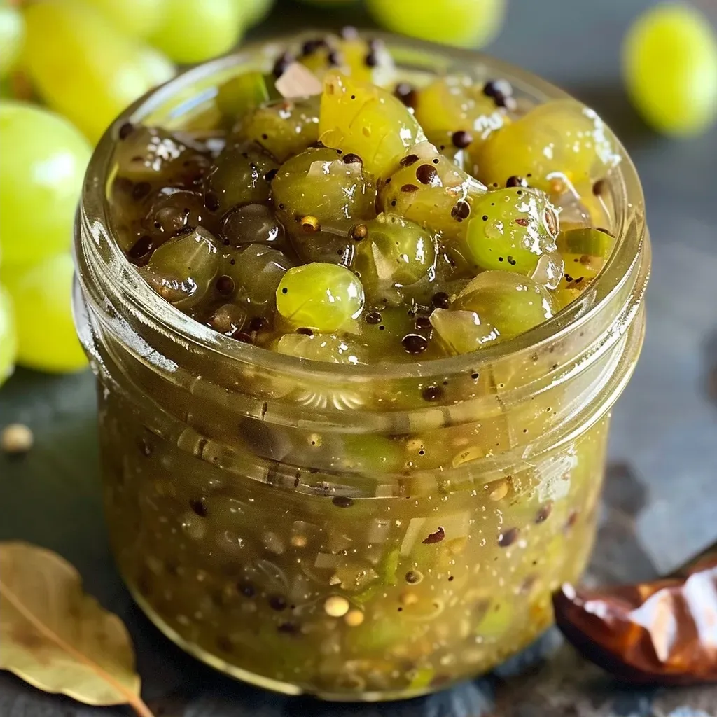 ['Close-up image of vibrant green grape chutney in a jar.', 'Side view of a glass container filled with glossy grape chutney.', 'A delicious serving of green grape chutney with spices visible.', 'Juicy green grape chutney displayed in a rustic jar.']