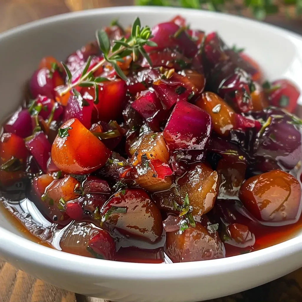 ['Close-up view of Trauben-Zwiebel-Chutney in a glass jar with fresh ingredients around.', 'Side photo of Trauben-Zwiebel-Chutney showcasing its rich texture and color.', 'Juicy Trauben-Zwiebel-Chutney displayed in a bowl with grapes and onions nearby.', 'Freshly made Trauben-Zwiebel-Chutney alongside its key ingredients on a wooden surface.']