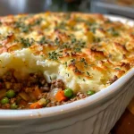 ["A close-up view of Turkey Shepherd's Pie with a golden crust and colorful vegetable filling.", "Side view of a hearty Turkey Shepherd's Pie showcasing its layered texture and garnished with parsley.", "A juicy, baked Turkey Shepherd's Pie revealing mashed potatoes and vibrant vegetables beneath the crust.", "A delicious Turkey Shepherd's Pie highlighted in a close-up shot, emphasizing the comforting ingredients inside."]
