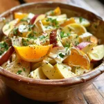['Close-up view of a vibrant Topinambursalat with apple and orange pieces.', 'Side angle of a delicious Topinambursalat featuring topinambur, apple, and creamy dressing.', 'Detailed shot of a fresh Topinambursalat garnished with fruits and herbs.', 'Bright Topinambursalat showcasing golden topinambur and citrus components.']