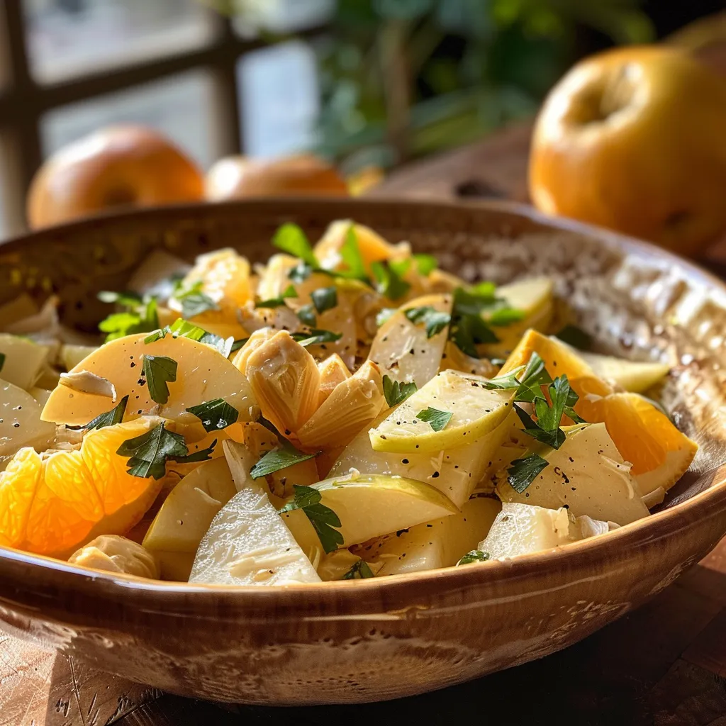 ['Close-up view of a vibrant Topinambursalat with apple and orange pieces.', 'Side angle of a delicious Topinambursalat featuring topinambur, apple, and creamy dressing.', 'Detailed shot of a fresh Topinambursalat garnished with fruits and herbs.', 'Bright Topinambursalat showcasing golden topinambur and citrus components.']