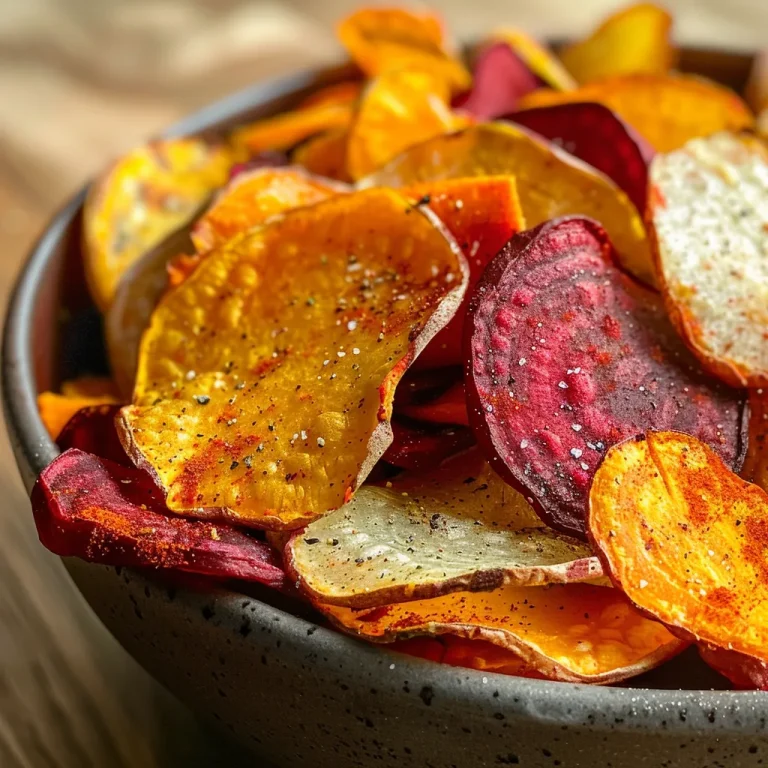 ['Close-up of crispy veggie chips made from sweet potatoes, white potatoes, carrots, and beets.', 'Air fryer vegetable chips displayed in a bowl, showcasing their colorful textures and shapes.', 'A vibrant assortment of crispy vegetable chips including sweet potato, beet, and carrot, shot from the side.', 'Close-up view of golden and red veggie chips, highlighting their crunchiness and seasoning.']