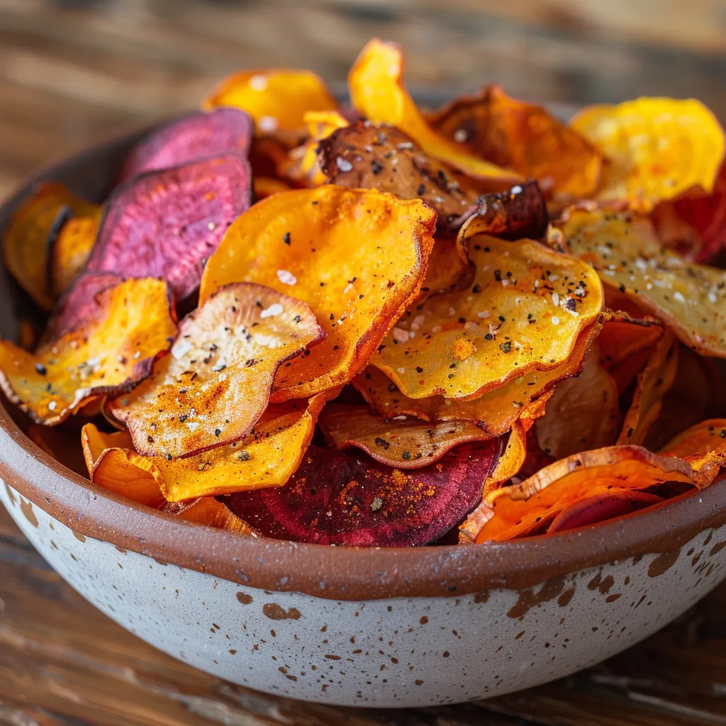 ['Close-up of crispy veggie chips made from sweet potatoes, white potatoes, carrots, and beets.', 'Air fryer vegetable chips displayed in a bowl, showcasing their colorful textures and shapes.', 'A vibrant assortment of crispy vegetable chips including sweet potato, beet, and carrot, shot from the side.', 'Close-up view of golden and red veggie chips, highlighting their crunchiness and seasoning.']