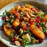 ['Close-up view of a vibrant Herbstlicher Kürbissalat featuring Hokkaido pumpkin, greens, and pomegranate.', 'Juicy Herbstlicher Kürbissalat with mixed greens and walnuts, captured from the side.', 'A delicious bowl of Herbstlicher Kürbissalat showcasing colorful ingredients like pumpkin and pomegranate.', 'Side view of a Herbstlicher Kürbissalat displaying fresh greens and nuts on a wooden table.']