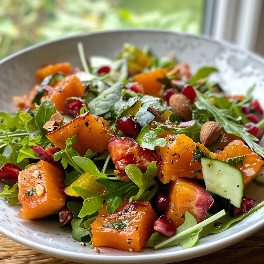 ['Close-up view of a vibrant Herbstlicher Kürbissalat featuring Hokkaido pumpkin, greens, and pomegranate.', 'Juicy Herbstlicher Kürbissalat with mixed greens and walnuts, captured from the side.', 'A delicious bowl of Herbstlicher Kürbissalat showcasing colorful ingredients like pumpkin and pomegranate.', 'Side view of a Herbstlicher Kürbissalat displaying fresh greens and nuts on a wooden table.']