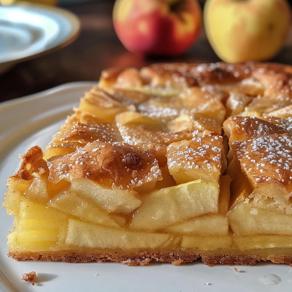 ['Close-up view of a freshly baked Apfelkuchen with golden crust and slices of apple.', 'Side perspective of a delicious Apfelkuchen, highlighting its juicy apple filling.', 'Detailed close-up of Apfelkuchen showcasing its soft texture and apple pieces.', 'Juicy Apfelkuchen from a side angle, with a shiny crust and sprinkled sugar.']