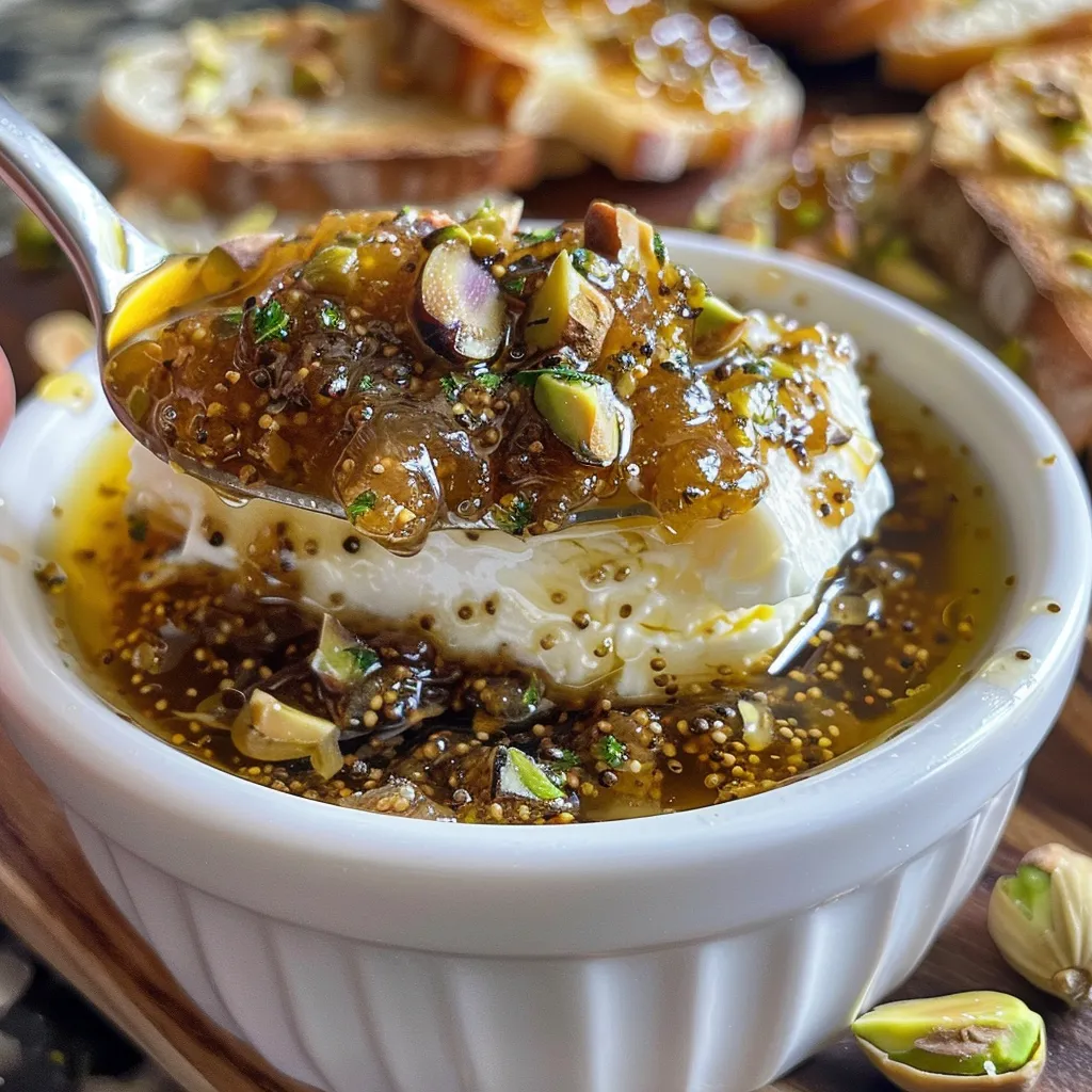 Close-up of creamy goat cheese dip with fig jam and pistachios.