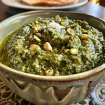 ['Close-up view of a bowl of vibrant green pistachio pesto with visible texture.', 'Side view of fresh pistachio pesto showcasing its rich green color and chunky consistency.', 'A small dish of pistachio pesto surrounded by ingredients like basil and pistachios.', 'Thick pistachio pesto in a bowl, garnished with fresh basil leaves.']