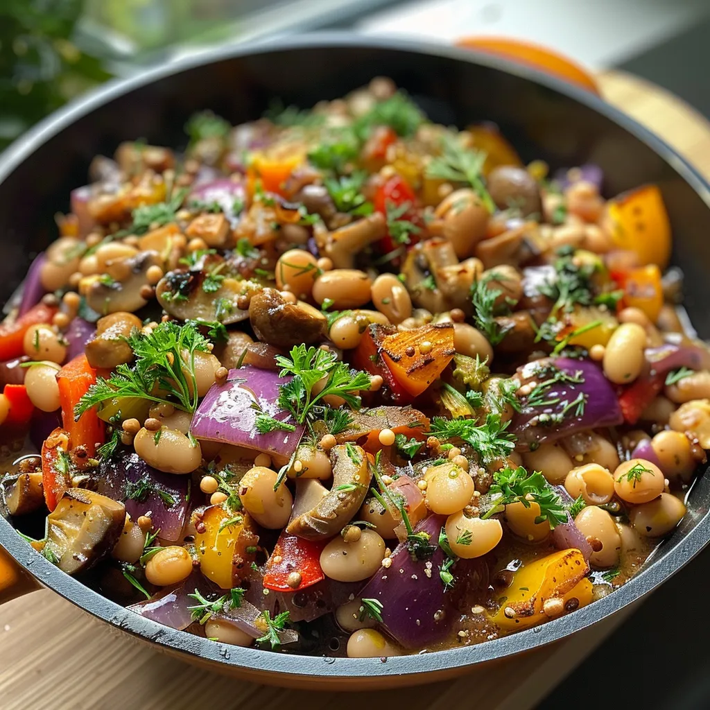 ['Close-up view of Cannellini Bean Stew garnished with fresh dill and hazelnuts.', 'A hearty bowl of Cannellini Bean Stew showing chunky vegetables and nuts.', 'Side view of Cannellini Bean Stew with colorful veggies and herbs.', 'Delicious Cannellini Bean Stew featuring beans, herbs, and hazelnuts in a bowl.']