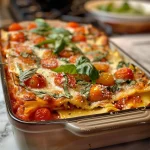 ['Close-up of a slice of summer lasagna with layers of colorful vegetables and cheese.', 'Side view of a delicious summer lasagna featuring fresh tomatoes and zucchini.', 'Juicy summer lasagna slice showcasing vibrant heirloom cherry tomatoes and basil.', 'Detailed look at a summer lasagna, highlighting the rich layers of ricotta and parmesan.']