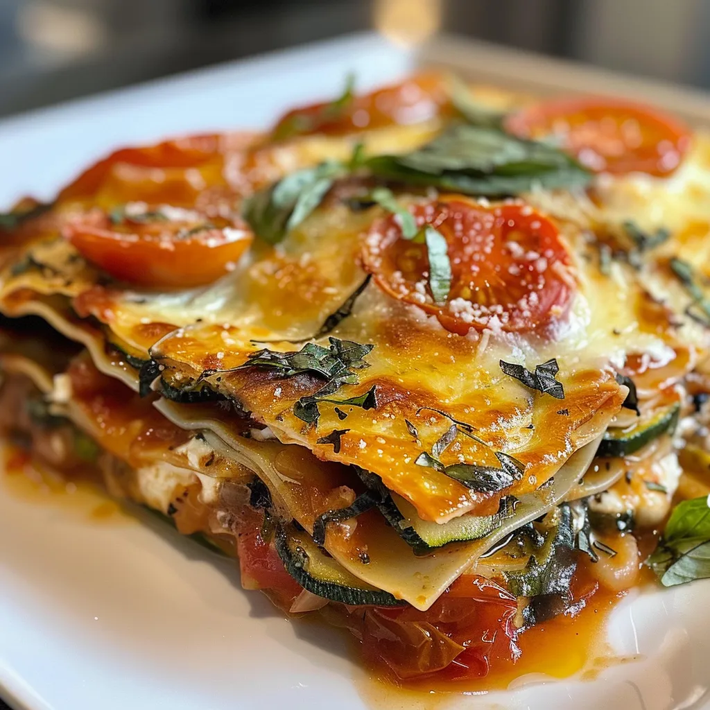 ['Close-up of a slice of summer lasagna with layers of colorful vegetables and cheese.', 'Side view of a delicious summer lasagna featuring fresh tomatoes and zucchini.', 'Juicy summer lasagna slice showcasing vibrant heirloom cherry tomatoes and basil.', 'Detailed look at a summer lasagna, highlighting the rich layers of ricotta and parmesan.']