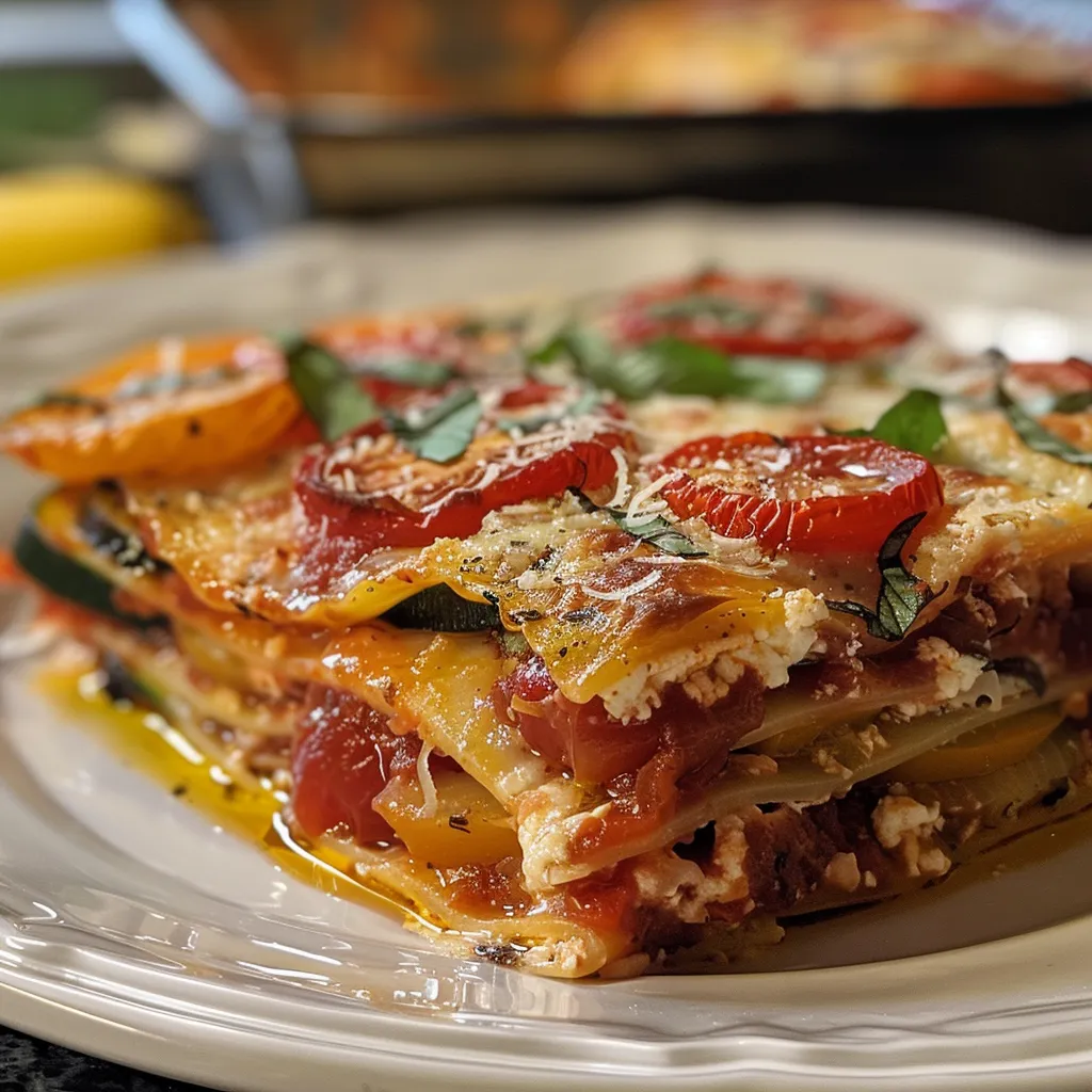 ['Close-up of a slice of summer lasagna with layers of colorful vegetables and cheese.', 'Side view of a juicy summer lasagna revealing fresh ingredients and layers.', 'A vibrant slice of lasagna showcasing heirloom tomatoes, zucchini, and melted cheese.', 'Detailed view of summer lasagna highlighting fresh basil and colorful veggies.']