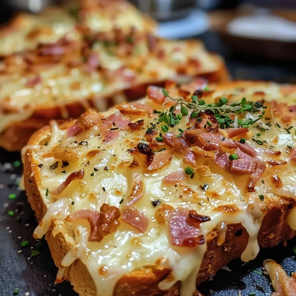 ['Close-up view of golden-brown Überbackener Toast topped with cheese and pear.', 'Side angle of a slice of Überbackener Toast with melted cheese, walnuts, and green onions.', 'Juicy Überbackener Toast featuring creamy sauce and garnished with pear and nuts.', 'Detailed image of a crispy toast slice layered with toppings and cheese, ready to serve.']