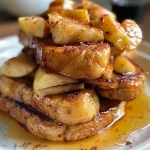 ['Close-up of Overnight Apple Cinnamon French Toast garnished with apple slices and cinnamon.', 'Side view of fluffy French toast topped with cinnamon and sliced apples, drizzled with syrup.', 'Detailed image of a slice of French toast with visible apple pieces and a sprinkle of cinnamon.', 'Juicy Overnight Apple Cinnamon French Toast showcasing a golden-brown exterior and apple toppings.']