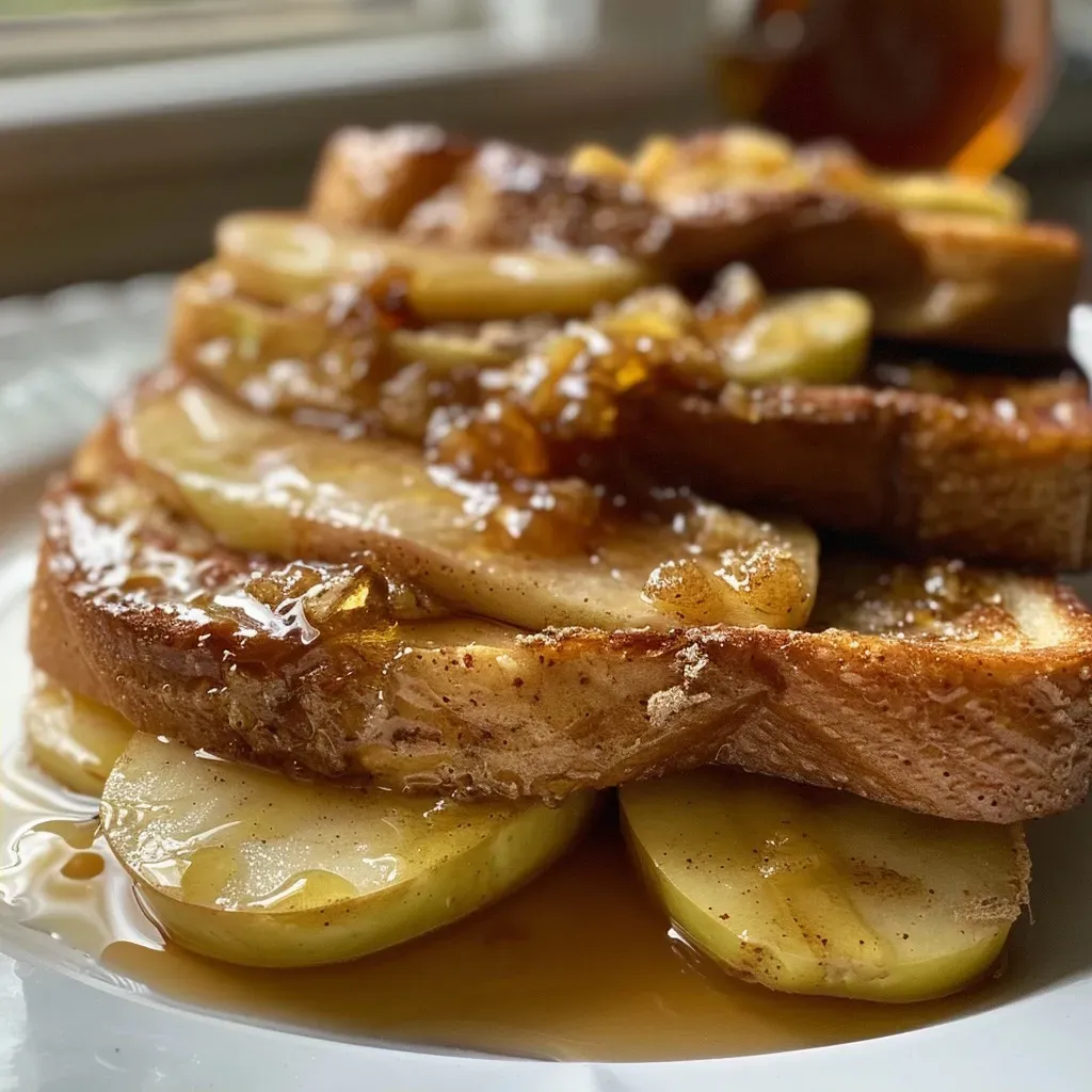 ['Close-up of Overnight Apple Cinnamon French Toast garnished with apple slices and cinnamon.', 'Side view of fluffy French toast topped with cinnamon and sliced apples, drizzled with syrup.', 'Detailed image of a slice of French toast with visible apple pieces and a sprinkle of cinnamon.', 'Juicy Overnight Apple Cinnamon French Toast showcasing a golden-brown exterior and apple toppings.']