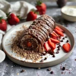 ['A side view of a gluten-free strawberry chocolate Swiss roll, showcasing its layers and filling.', 'Close-up of a vegan strawberry chocolate roll, highlighting the vibrant strawberries and chocolate swirl.', 'A detailed shot of a rolled dessert, featuring strawberry slices and a rich chocolate coating.', 'Side view of a decadent Swiss roll dessert, with visible strawberry filling and chocolate exterior.']