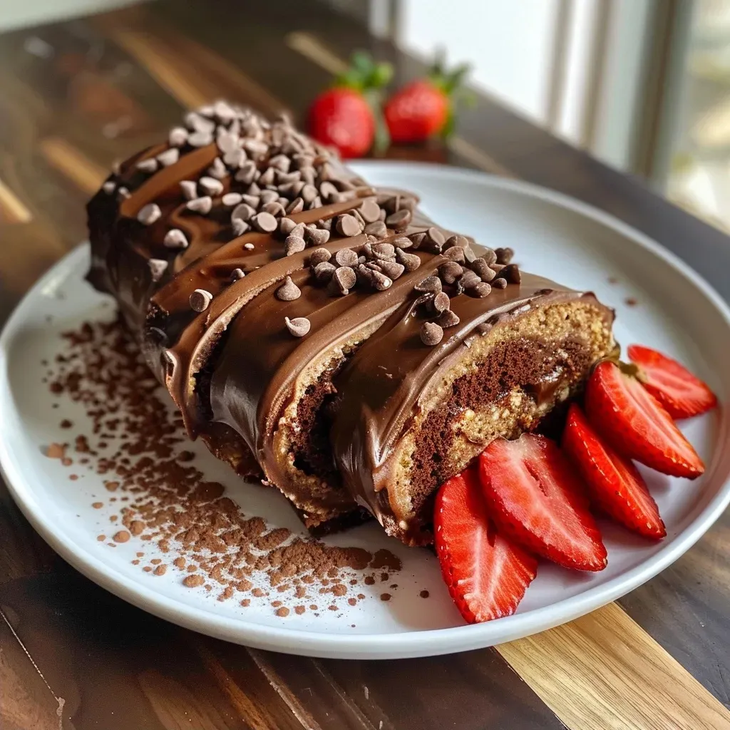 ['A side view of a gluten-free strawberry chocolate Swiss roll, showcasing its layers and filling.', 'Close-up of a vegan strawberry chocolate roll, highlighting the vibrant strawberries and chocolate swirl.', 'A detailed shot of a rolled dessert, featuring strawberry slices and a rich chocolate coating.', 'Side view of a decadent Swiss roll dessert, with visible strawberry filling and chocolate exterior.']