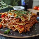 ['Close-up of a juicy vegan lasagne layered with sunflower and pumpkin seed filling.', 'Side view of a delicious vegan lasagne featuring vibrant vegetables and rich sauce.', 'A tempting slice of vegan lasagne showcasing colorful ingredients and creamy layers.', 'Detailed view of a hearty vegan lasagne with sunflower and pumpkin seed crust displayed on a plate.']