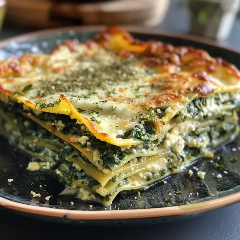 ['Close-up view of a vegan spinach lasagna with creamy béchamel sauce.', 'Side view of a delicious vegan spinach lasagna on a plate.', 'Juicy vegan spinach lasagna layered with béchamel sauce and visible herbs.', 'Freshly cooked vegan spinach lasagna showcasing vibrant green spinach and cheese.']