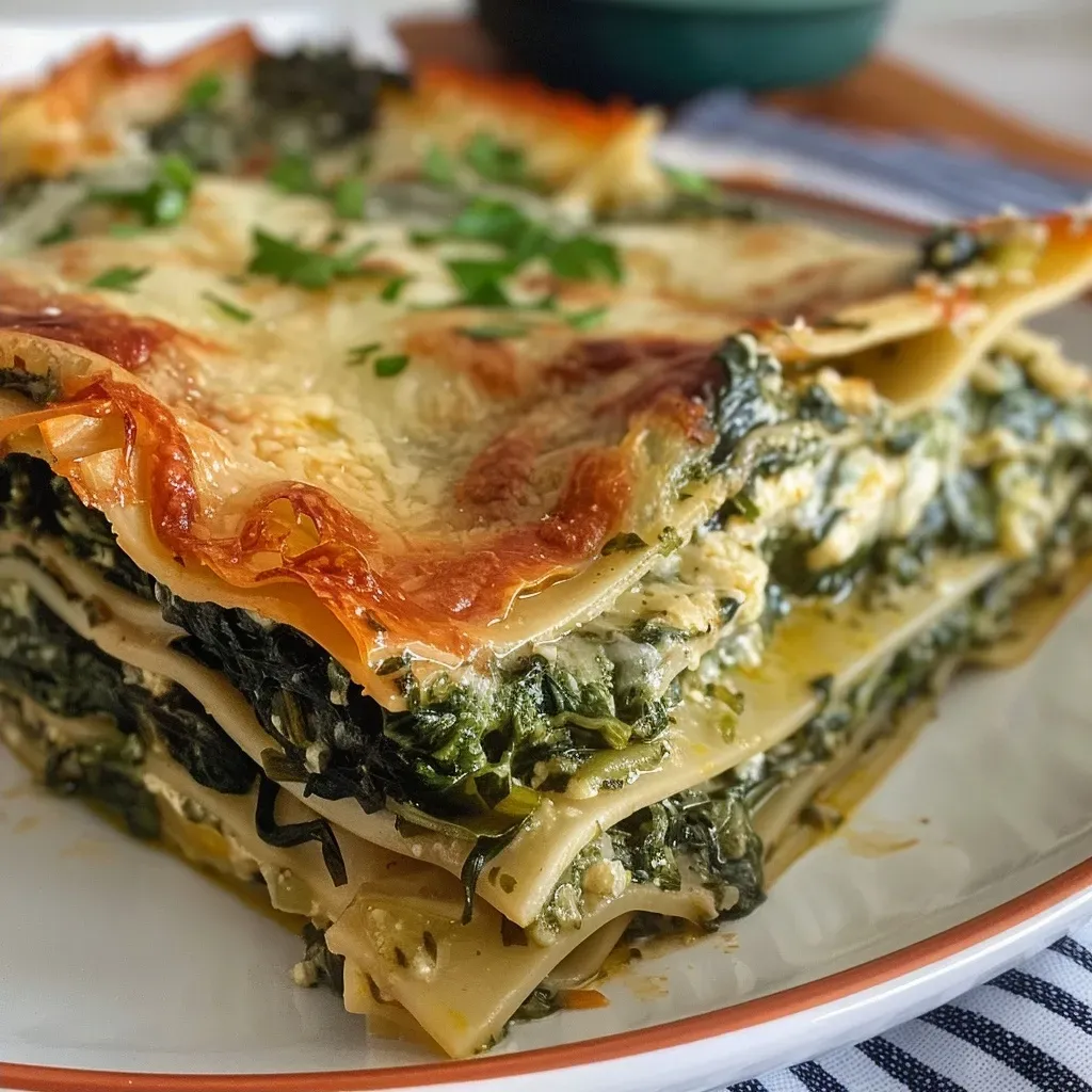Close-up view of a vegan spinach lasagna with creamy béchamel sauce.