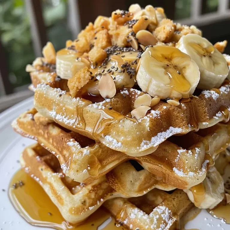 ['Close-up of golden-brown vegan waffles topped with fresh fruit and syrup.', 'Side view of fluffy vegan waffles served with a drizzle of maple syrup.', 'Delicious vegan waffles garnished with banana slices and a sprinkle of seeds.', 'A tempting stack of vegan waffles with a light glaze of syrup and fruit toppings.']