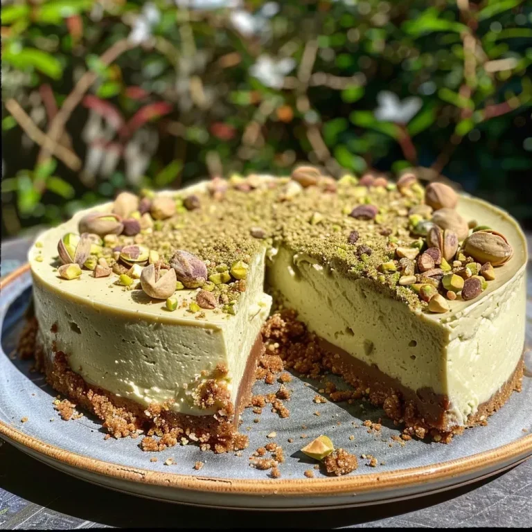 ['Close-up side view of a vibrant green vegan pistachio cheesecake with a smooth texture.', 'A slice of no-bake vegan pistachio cheesecake topped with chopped pistachios, showcasing its creamy layers.', 'Side angle of a decadent vegan pistachio cheesecake, highlighting its rich green color and creamy topping.', 'A detailed view of a no-bake vegan pistachio cheesecake, revealing its luxurious topping and crust.']