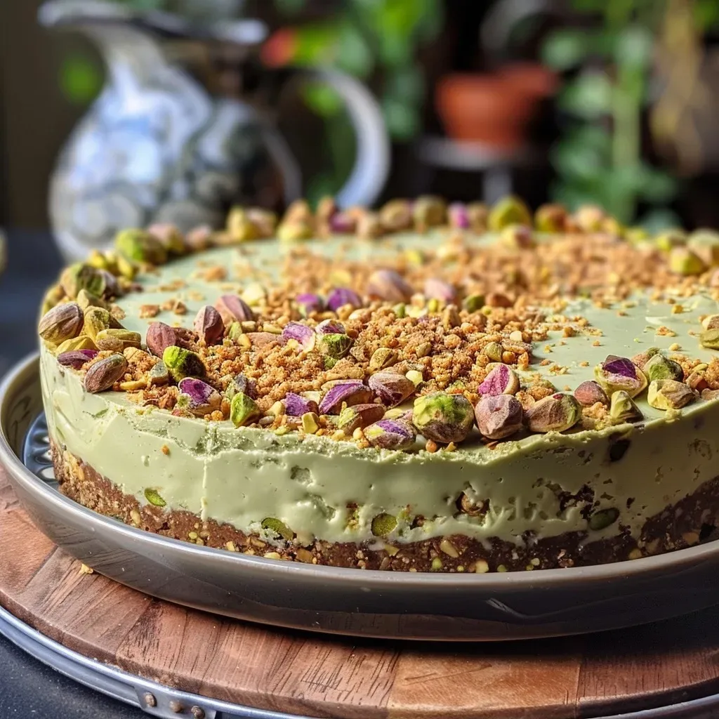 ['Close-up side view of a vibrant green vegan pistachio cheesecake with a smooth texture.', 'A slice of no-bake vegan pistachio cheesecake topped with chopped pistachios, showcasing its creamy layers.', 'Side angle of a decadent vegan pistachio cheesecake, highlighting its rich green color and creamy topping.', 'A detailed view of a no-bake vegan pistachio cheesecake, revealing its luxurious topping and crust.']