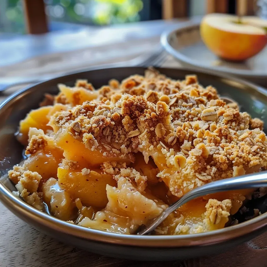 ['A close-up view of a vegan apple and pumpkin crumble topped with vegan peanut ice cream.', 'Side view of a warm vegan apple-pumpkin crumble served with a scoop of peanut ice cream.', 'Juicy vegan apple and Hokkaido pumpkin crumble with a dollop of creamy peanut ice cream.', 'Tasty vegan dessert featuring apple and pumpkin crumble accompanied by peanut-flavored ice cream.']