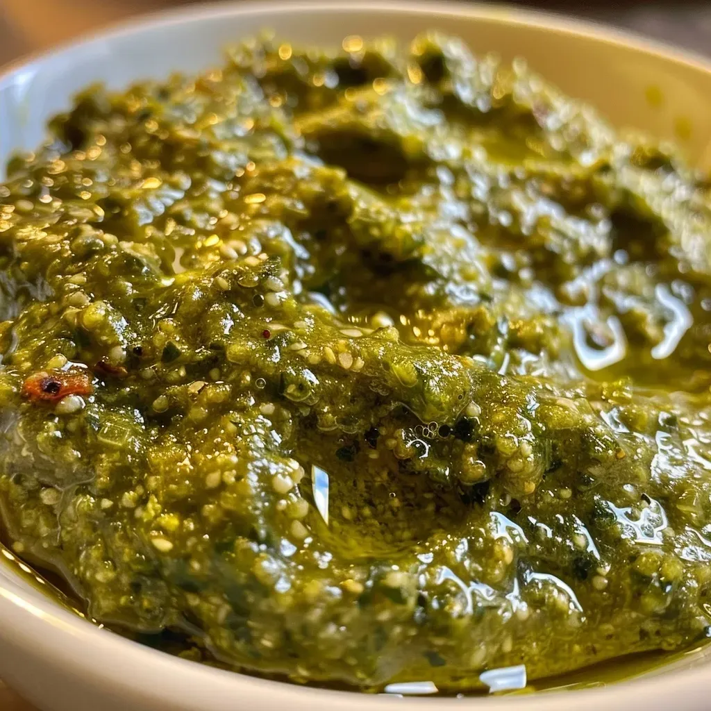 ['Close-up view of a vibrant, creamy vegan pumpkin pesto in a bowl, garnished with fresh herbs.', 'Side angle of a luscious vegan pumpkin pesto spread on a slice of bread, showcasing its rich texture.', 'Bowl of vegan pumpkin pesto with visible pumpkin seeds and herbs, highlighted by natural lighting.', 'Juicy vegan pumpkin pesto displayed with fresh ingredients like pumpkin, garlic, and herbs around it.']