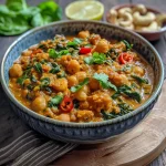 ['Close-up view of vegetarian curry featuring spinach and pumpkin in a bowl.', 'Side view of a colorful curry with diced pumpkin, spinach, and spices.', 'Rich vegetarian curry with vibrant ingredients displayed in a rustic bowl.', 'Lush green spinach and orange pumpkin in a creamy coconut curry.']